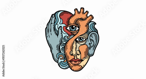 Surreal face portrait combined with anatomical heart and eyes