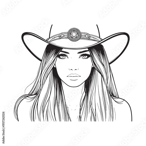 A beautiful woman wearing a large hat with a decorative centerpiece and long hair.