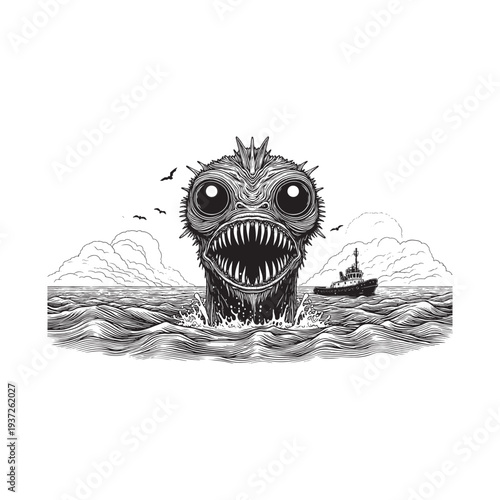 A monstrous sea creature emerges from the ocean, threatening a small boat.