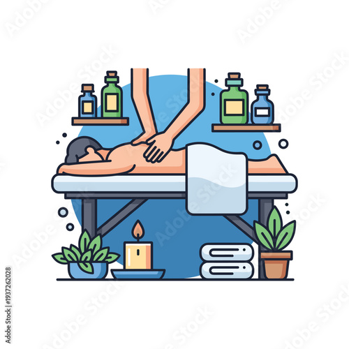 Spa massage therapy session with essential oils and candles flat design