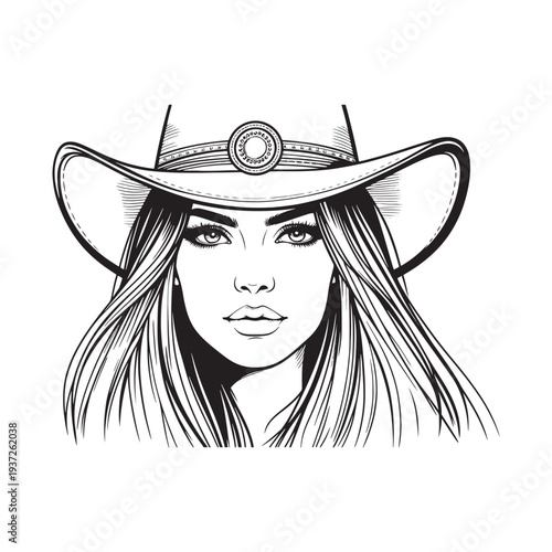 A beautiful woman wearing a wide-brimmed hat with a decorative brooch is depicted in this black and white illustration.