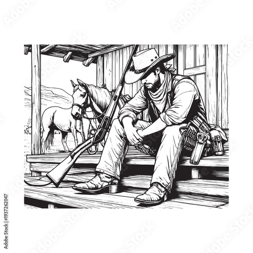 A weary cowboy takes a break on a wooden porch with his horse nearby.