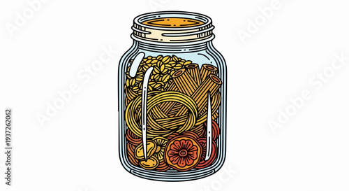 Glass pantry jar filled with pasta grains and dried citrus slices