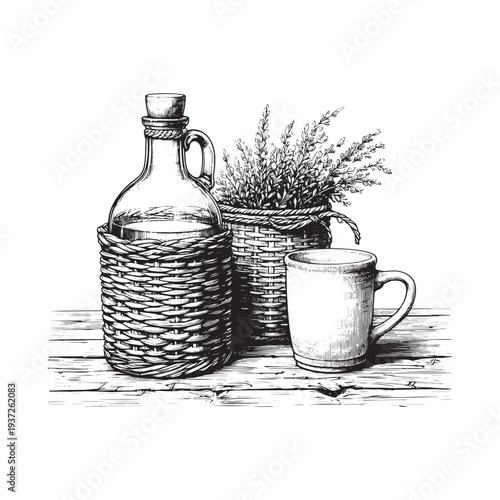 A black and white drawing of a bottle, mug, and plant on a table.