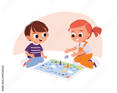 Children sitting on a floor and play table games. Kids having fun while playing board game. Spending time playing tabletop games. Vector illustration. Playing board games. 