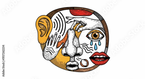 7 sensory icons in circular composition with ear eye nose lips hands and sound waves