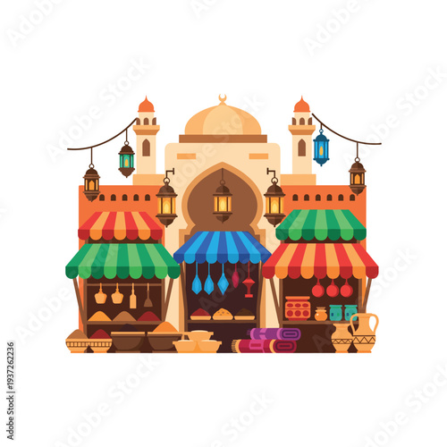Colorful Middle Eastern market stalls with lanterns and spices at dusk illustration