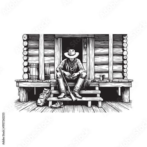 A cowboy sitting on the porch of a log cabin, resting with his dog.