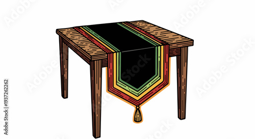 Wooden table with decorative table runner and tassel illustration
