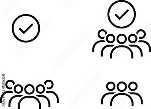 Minimalist black and white icons representing teamwork, group collaboration, community approval, people selection, consensus validation, organizational dynamics, decision-making, leadership, unity, co