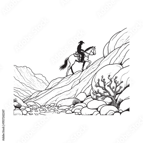 A lone rider on horseback traverses a rocky mountainous terrain.