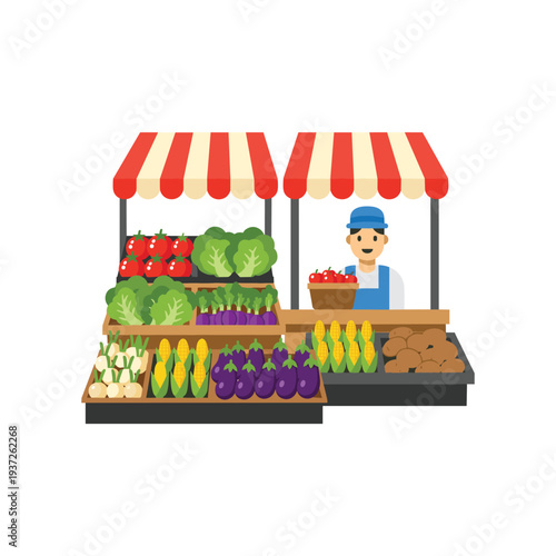 Fresh organic vegetables stand at sunny farmers market with smiling vendor