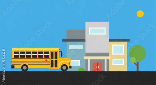 Modern School Building with Bright Yellow Bus.