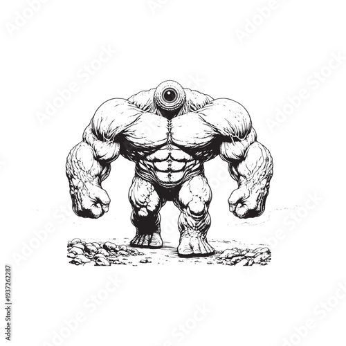 A muscular one-eyed monster stands on a rocky surface in a black and white illustration.