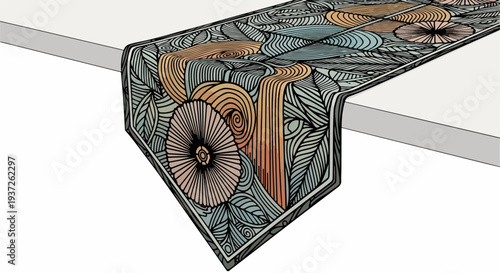 Closeup perspective of patterned table runner draped over table edge illustration
