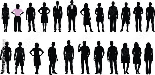 Black silhouette people figures collection showing diverse clothing styles, casual and formal attire, highlighted purple shirt individual, standing postures, lifestyle artistic design