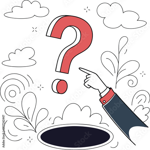 Conceptual Illustration of a Hand Pointing at a Large Question Mark Over a Void.