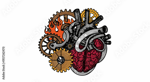 Mechanical heart with gears pipes and flames illustration