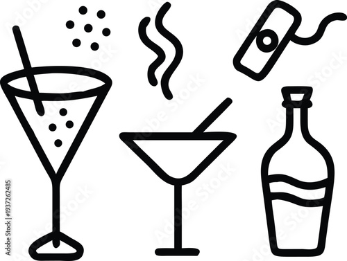 Set of Hand-Drawn Vector Icons Featuring Cocktail Glasses and a Bottle for Bar and Party Themes.