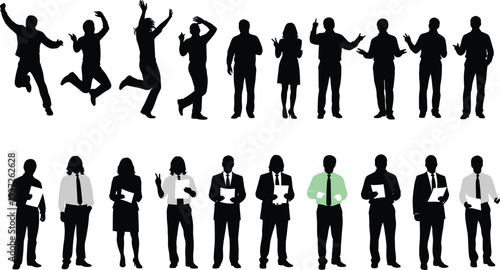 Black silhouette people figures collection showing dynamic dancing, jumping, expressive gestures, business professionals with documents, formal attire, workplace lifestyle artistic design