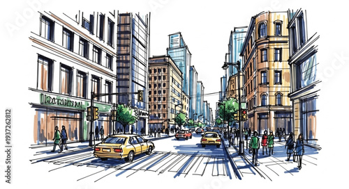 Urban City Street Scene with Tall Buildings and Taxis.