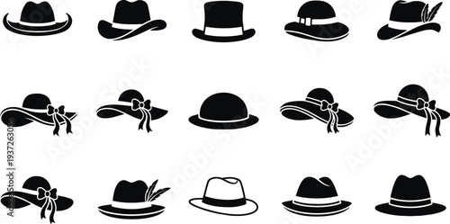 Fashion hat silhouette icons, elegant headwear vector illustrations, classic fedora and sunhat shapes, minimalist apparel accessories, stylish headgear graphics