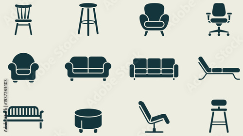 Minimalist Vector Furniture Icons Set Featuring Chairs Sofas Stools and Benches Modern Interior Design Elements for Home Office Decoration Digital Graphic Illustration Collection