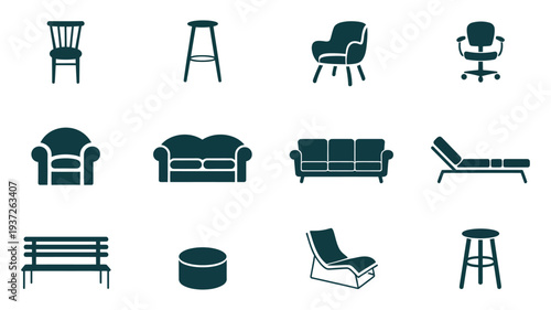 Minimalist Vector Furniture Icons Set Featuring Chairs Sofas Stools and Benches Modern Interior Design Elements for Home Office Decoration Digital Graphic Illustration Collection