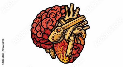Brain and anatomical heart hybrid with mechanical parts illustration