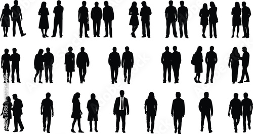 Black silhouette people figures collection showing pairs, standing, walking, interacting, casual and formal attire, expressive gestures, lifestyle, social, artistic design