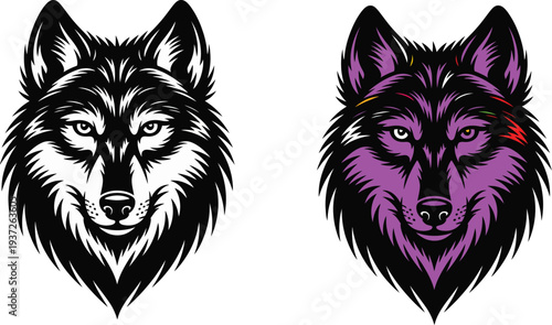 Intense Wolf Head Illustration Set in Black and White and Stylized Purple for Mascot, Tattoo, and Wildlife Graphic Designs