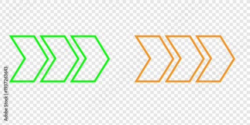 Modern Green and Orange Triple Chevron Arrows Vector Set for Progress, Speed, and Forward Movement on Transparent Background