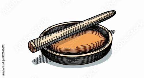 Wooden pestle resting on bowl with paste engraving style illustration