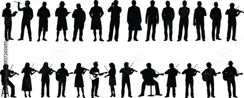Black silhouette people figures collection showing standing postures, microphones, phones, violin, guitar, musical performance, casual lifestyle, artistic gesture design