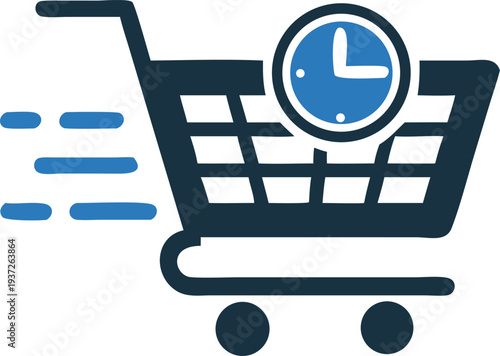 Line Art Shopping Cart with Clock - Quick Online Shopping