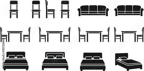 furniture, icons, set, chair, sofa, table, bed, silhouette, interior, home, decor, collection, black, pictogram, living, room, dining, bedroom, vector, symbols