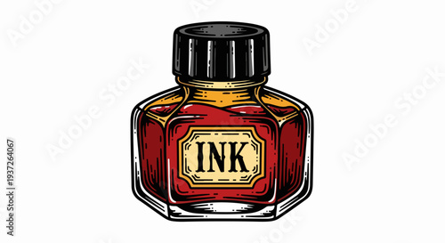 Square red ink bottle with front label vintage drawing