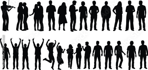 Black silhouette people figures collection showing standing, talking, violin playing, dancing, jumping, raised arms, expressive gestures, lifestyle, celebration, artistic design