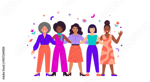 Diverse group of women standing together in colorful outfits smiling