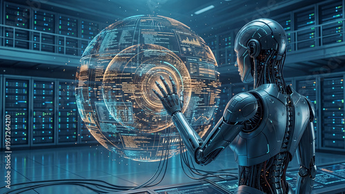 Futuristic ai robot interacting with digital data sphere in high tech server environment