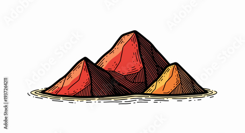 Mounds of red brown and yellow pigment powder vintage engraving illustration
