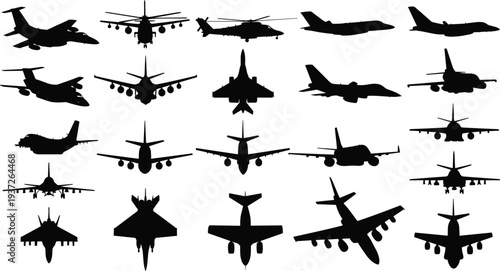 Large Collection of Airplane and Jet Silhouettes Featuring Commercial Airliners Fighter Jets and Helicopters in Various Flight Angles for Aviation Design,