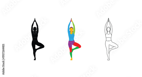 Illustrations of a woman performing the tree yoga pose, showcasing balance, mindfulness, and fitness in various styles.