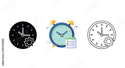 Three distinct icon styles representing effective time management, scheduling, and configuration settings for various applications.