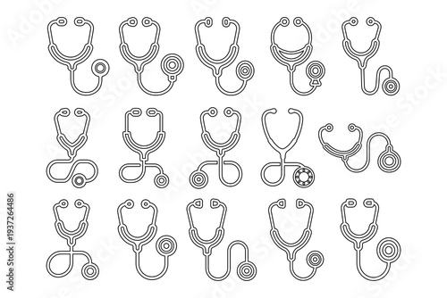 Professional collection of stethoscope line icons with varied chest piece styles. Minimalist medical equipment symbols for healthcare and nursing designs. Vector illustration