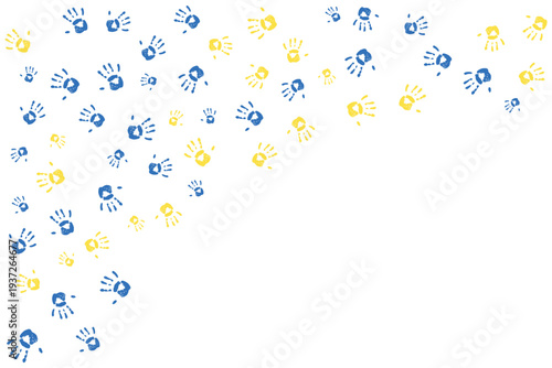 Decorative frame made of blue yellow handprints symbolizing Down syndrome awareness support. Inclusive conceptual symbol Copy space, ideal for posters, banners, social campaigns educational materials.