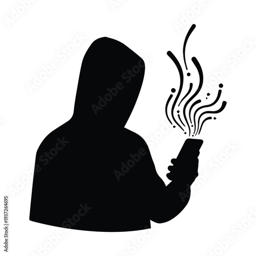 Hooded figure sending angry message on smartphone with smoke