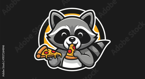 Cartoon raccoon eating pizza slice illustration