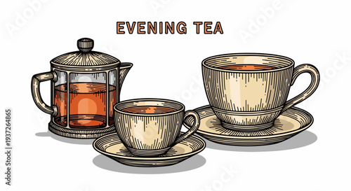 Evening tea with french press and two cups illustration