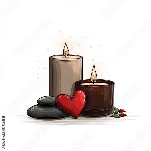 Candles, stones, and a heart with roses on a simple background create a warm setting for relaxation and reflection